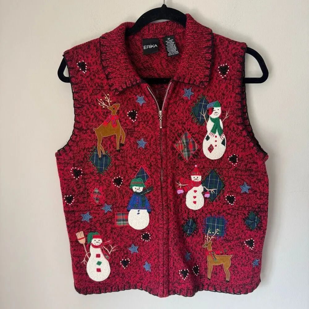 Vintage Red Christmas Sweater Vest Snowmen Reindeer Plaid Knit Size M Festive